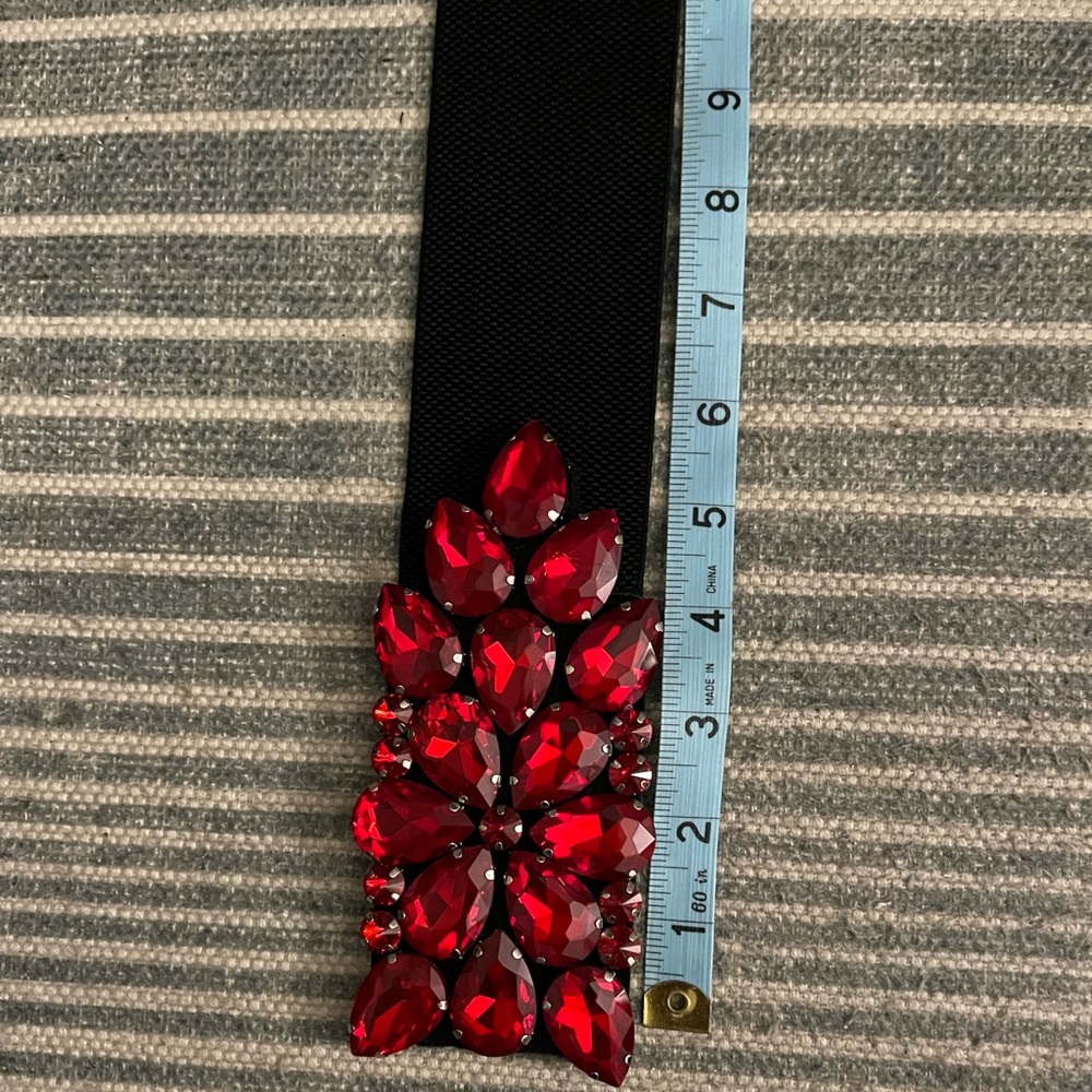 Stunningly Beautiful Black Stretch  Belt with Red glass Crystal Gem Accents.